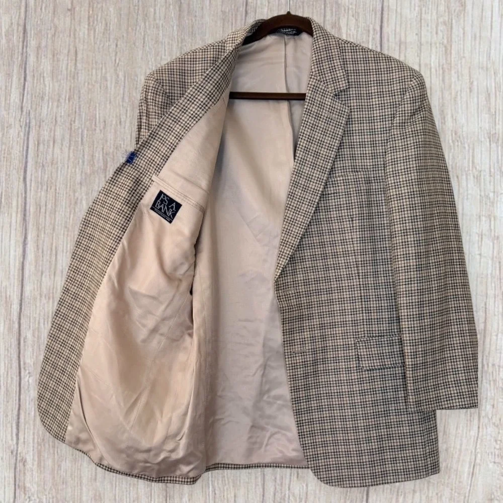 Jos A. Bank Silk Wool Blend Houndstooth Sport Coat Blazer Tan Brown 41 Regular
